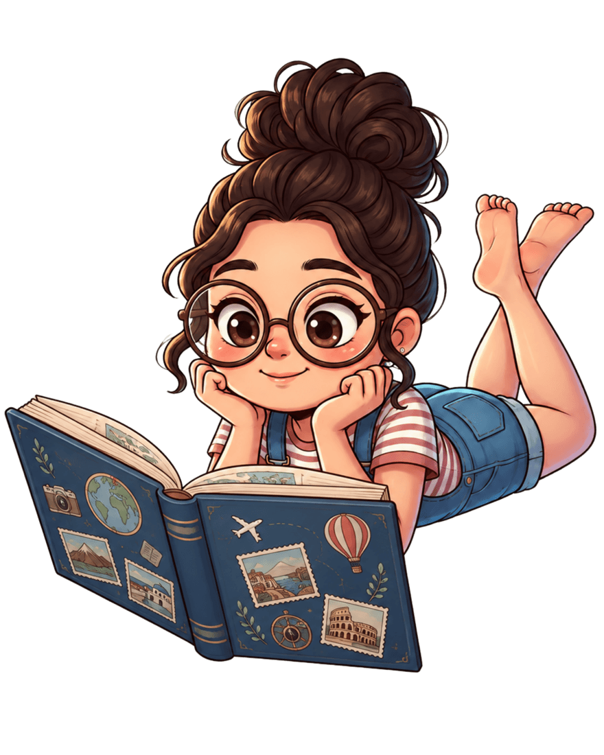 Aarya lying down, reading a travel journal