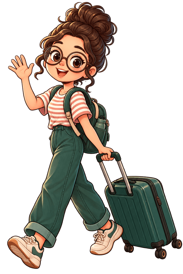 Aarya waving, with a suitcase